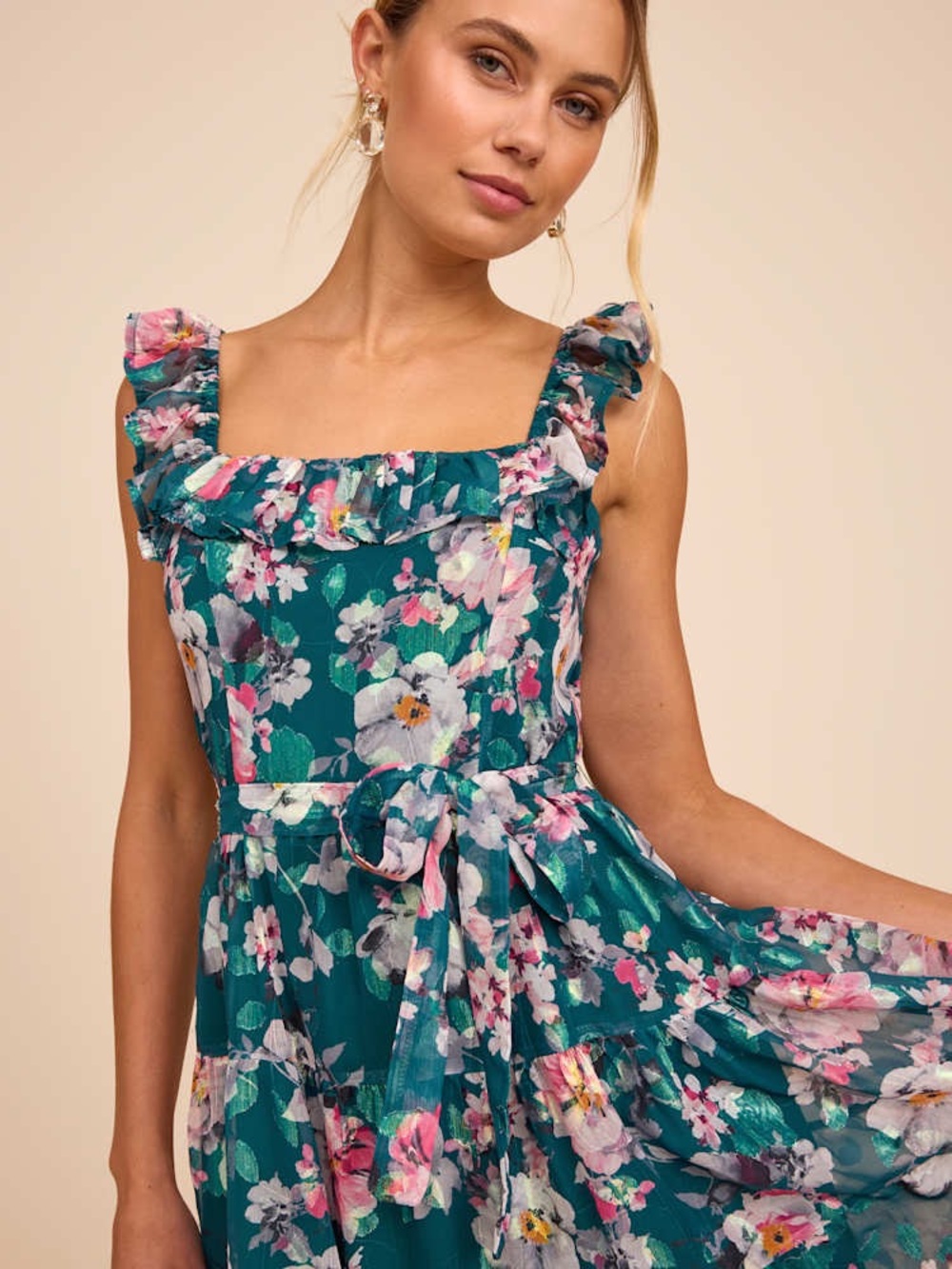 NWT Lulus Shela Teal Floral Jacquard Tiered Midi Dress Size XL - Picture 2 of 8